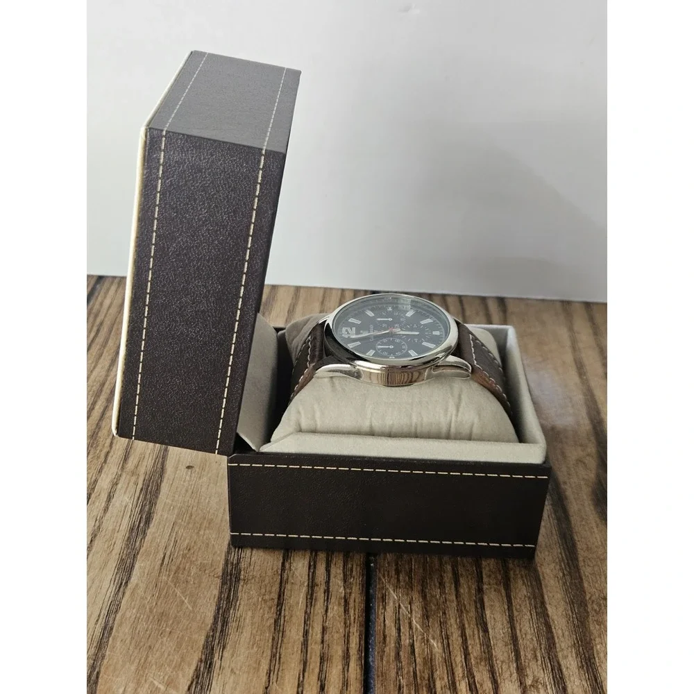 Caribbean Joe Mens Chronograph Watch Blue Sunray Dial Brown Faux Leather Strap